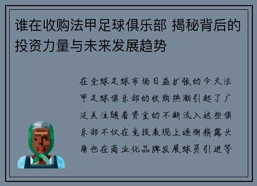 谁在收购法甲足球俱乐部 揭秘背后的投资力量与未来发展趋势