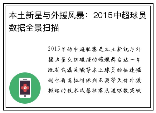 本土新星与外援风暴：2015中超球员数据全景扫描