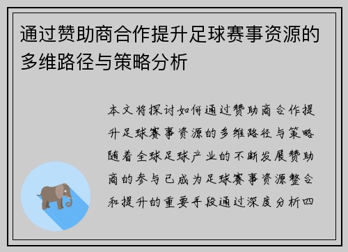 通过赞助商合作提升足球赛事资源的多维路径与策略分析