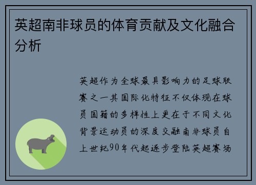 英超南非球员的体育贡献及文化融合分析